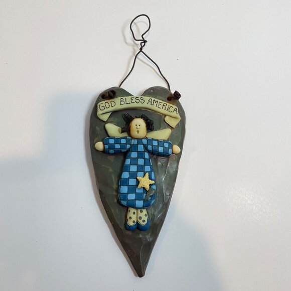 God Bless America Heart-Shaped Hanging Plaque with Angel Design 8" Tall - Picture 2 of 6